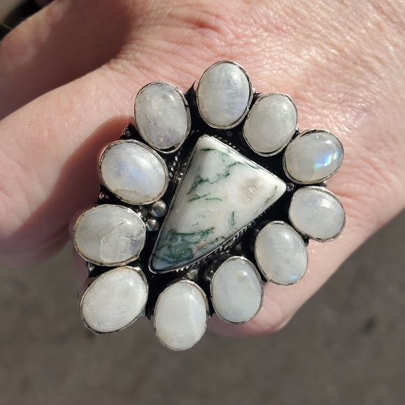 New Huge Tree Agate & Rainbow Moonstone 925 Silver Statement Ring. - Picture 7 of 13
